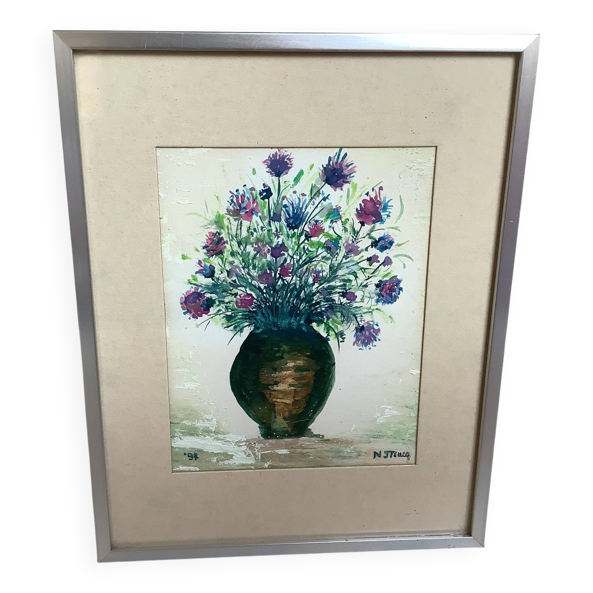 Petit tableau bouquet de fleurs huile sur carton signée