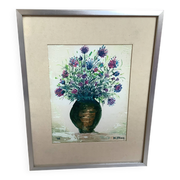 Petit tableau bouquet de fleurs huile sur carton signée