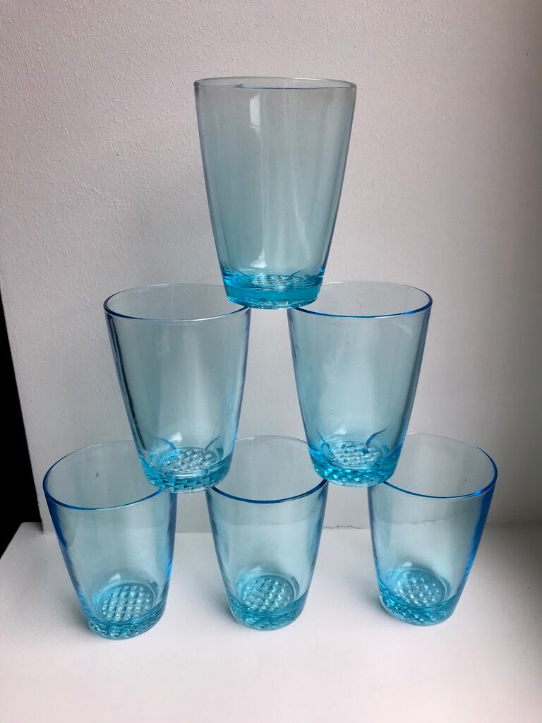 set of 6 water glasses Made in France blue glass 70s