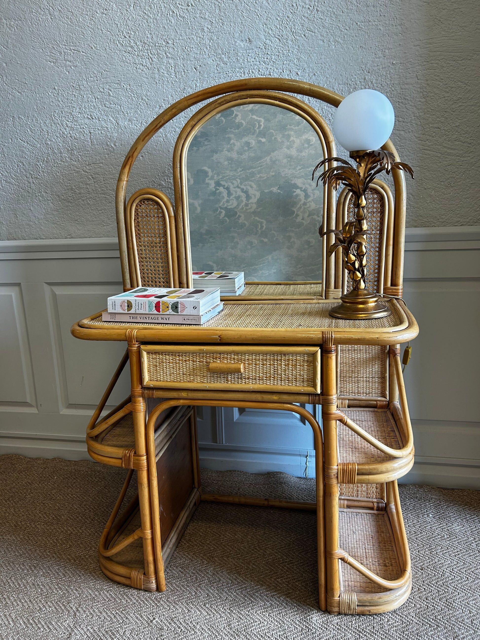 Bamboo and rattan vanity / dressing table with drawer and mirror, 1970s mid-century modern