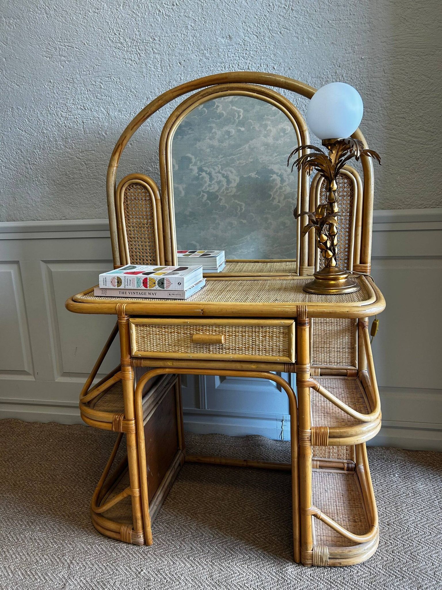 Bamboo and rattan vanity / dressing table with drawer and mirror, 1970s mid-century modern