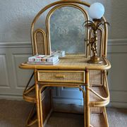Bamboo and rattan vanity / dressing table with drawer and mirror, 1970s mid-century modern