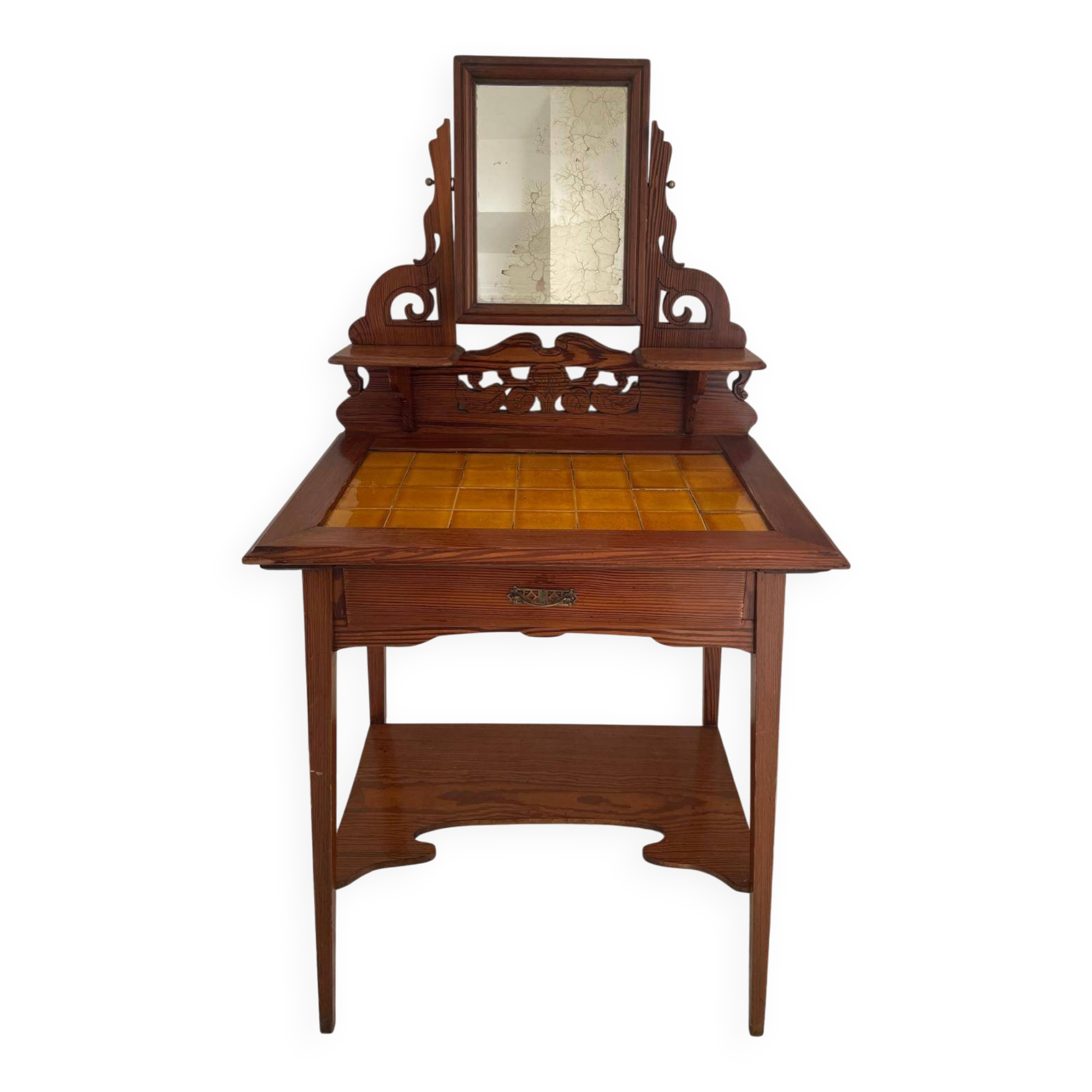 Pretty dressing table in yellow earthenware and wood - Art Nouveau style
