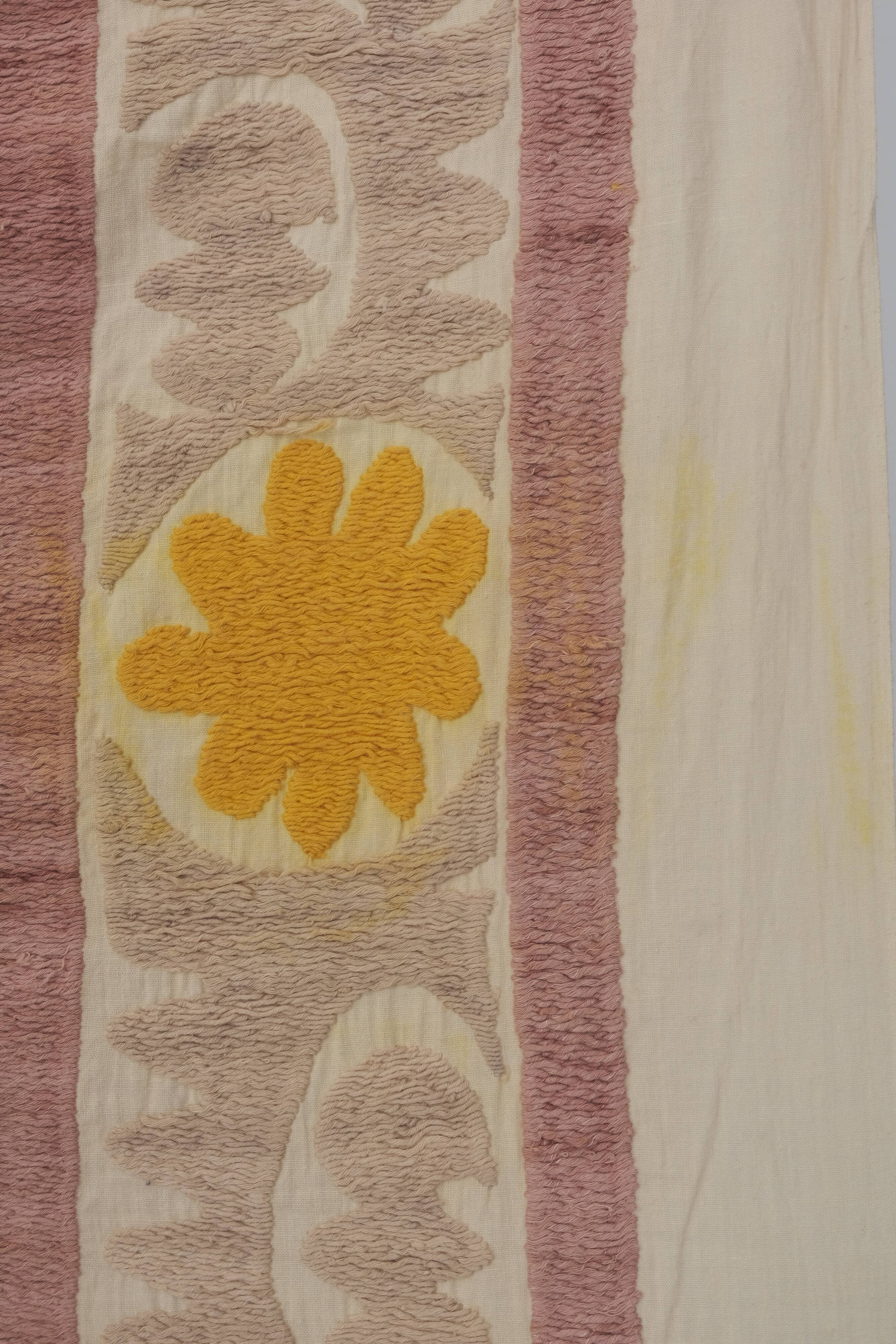 Embroidered tan suzani table cover, vintage tan and pink old embroidery textile