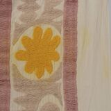 Embroidered tan suzani table cover, vintage tan and pink old embroidery textile