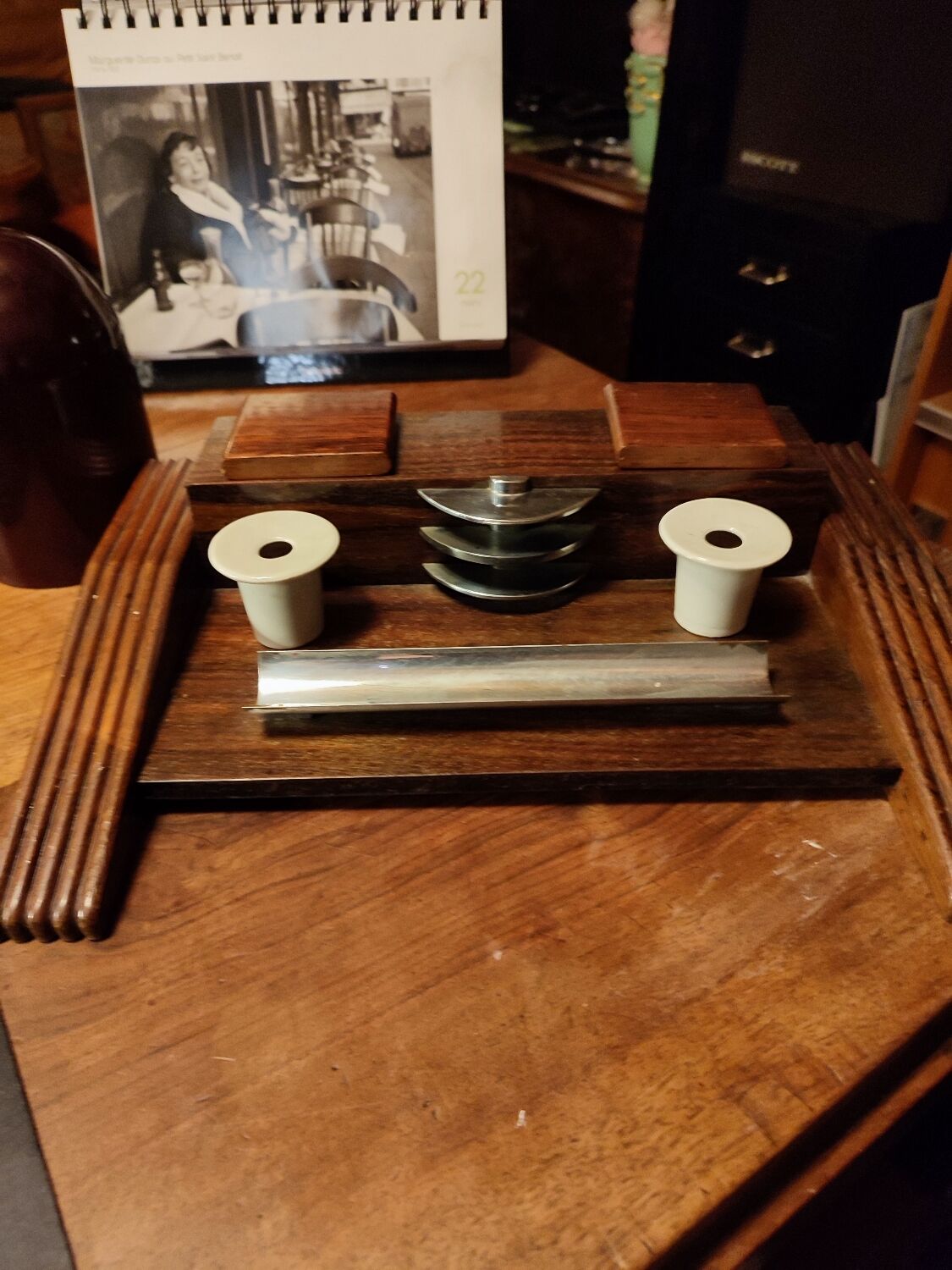 Wood inkwell and zinc complete with porcelain inkwells