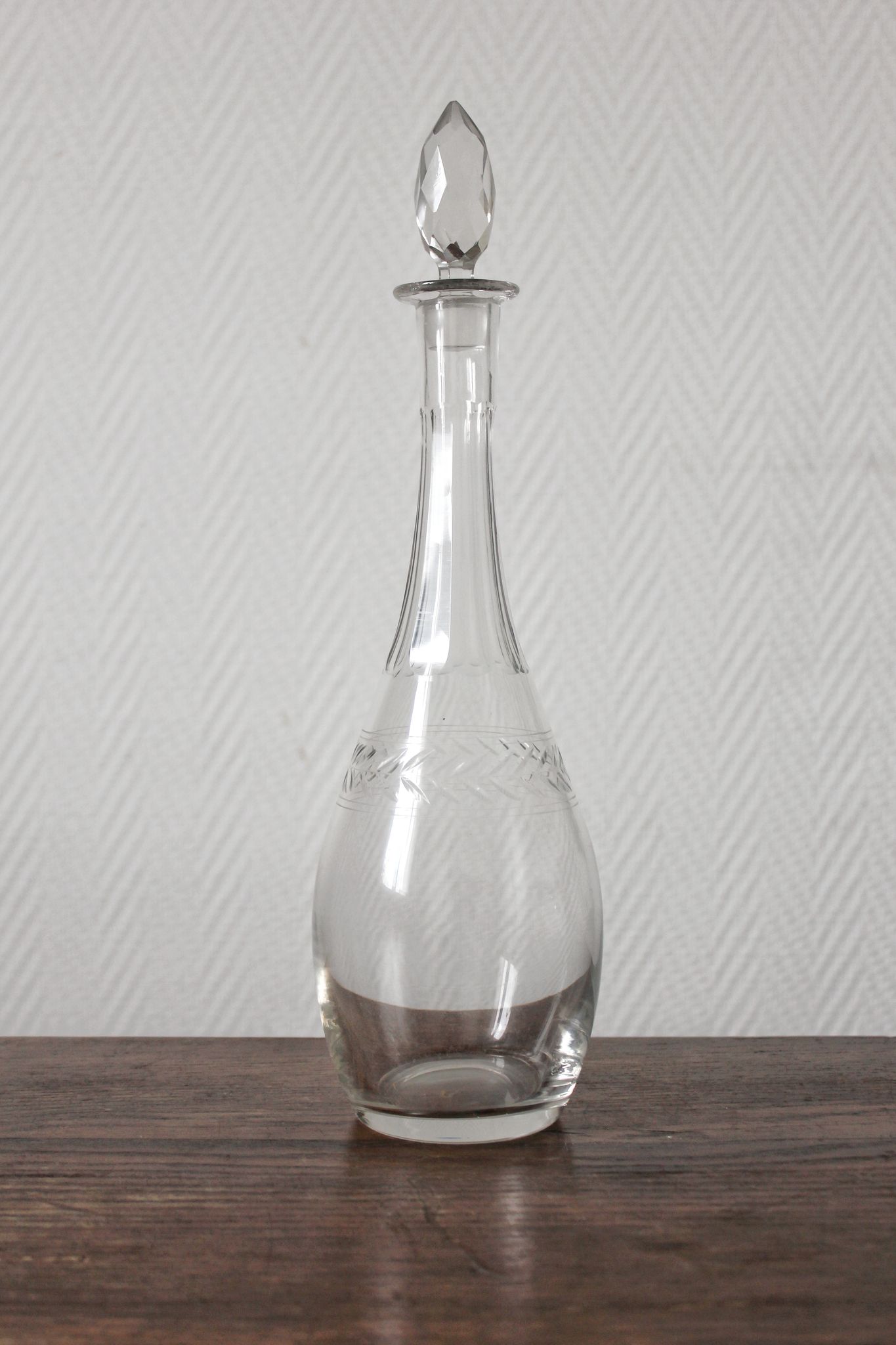Antique crystal carafe engraved with a laurel leaf frieze
