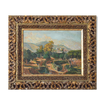 Impressionist Signed Mediterranean Landscape with a View of a River and Mountains