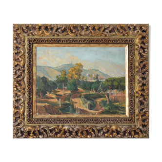 Impressionist Signed Mediterranean Landscape with a View of a River and Mountains