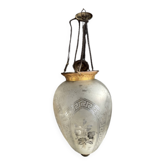 Suspension verre gravé et laiton années 1920