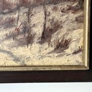 Oil on canvas of a winter landscape at dusk 1900, snow in the countryside.
