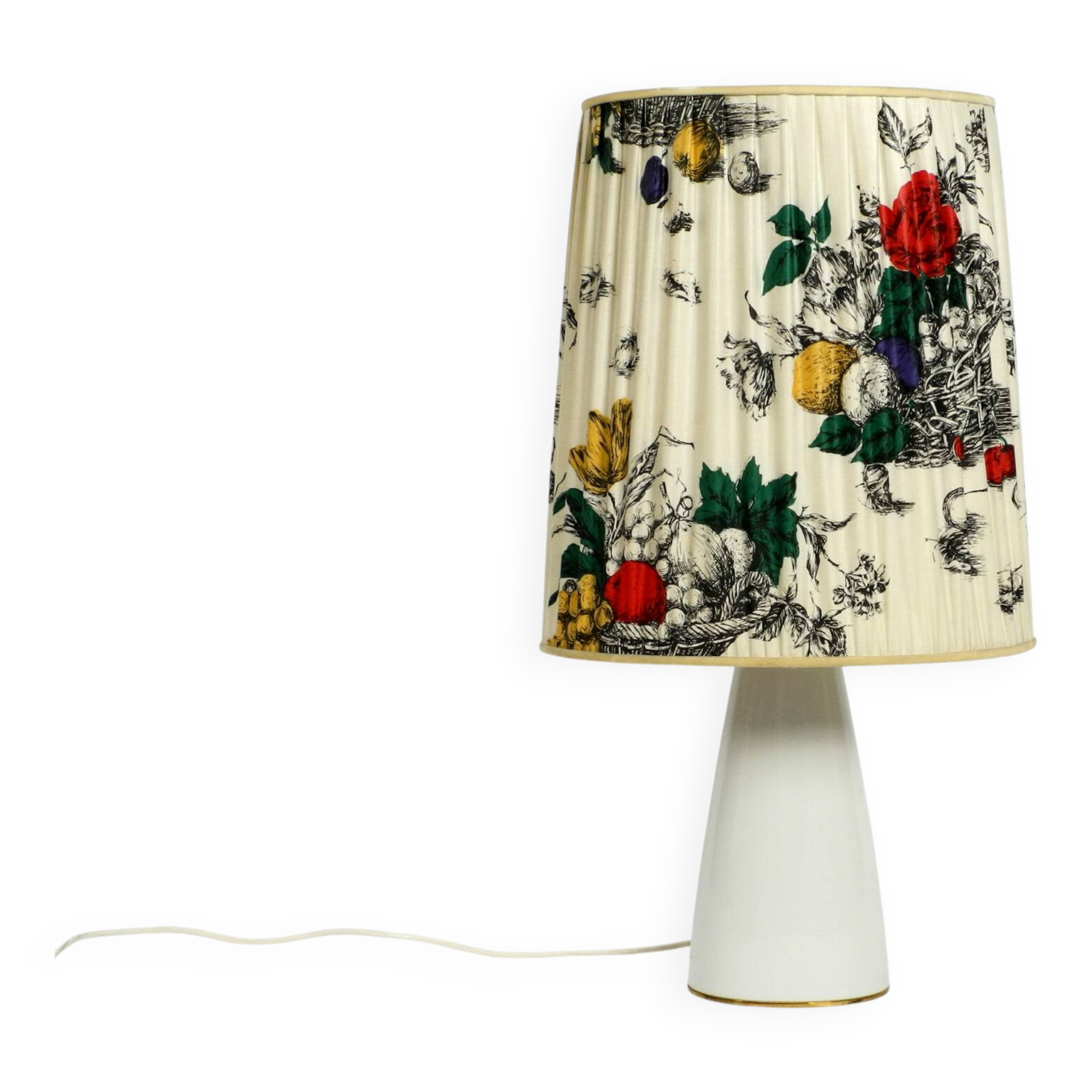 Large elegant 1960s KPM table lamp in porcelain and pleated silk lampshade