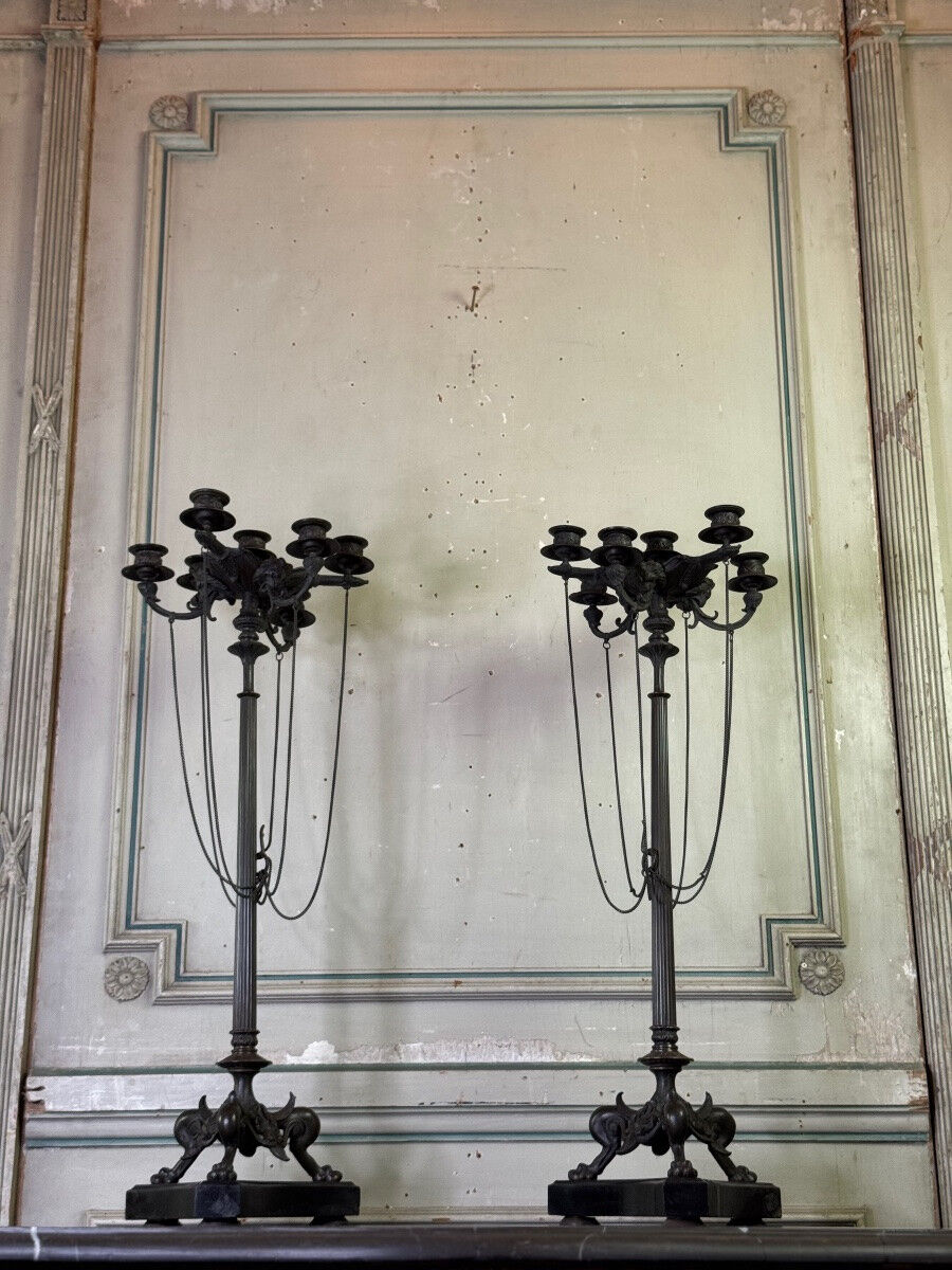 Pair of large bronze candelabras in the Antique style, circa 1880