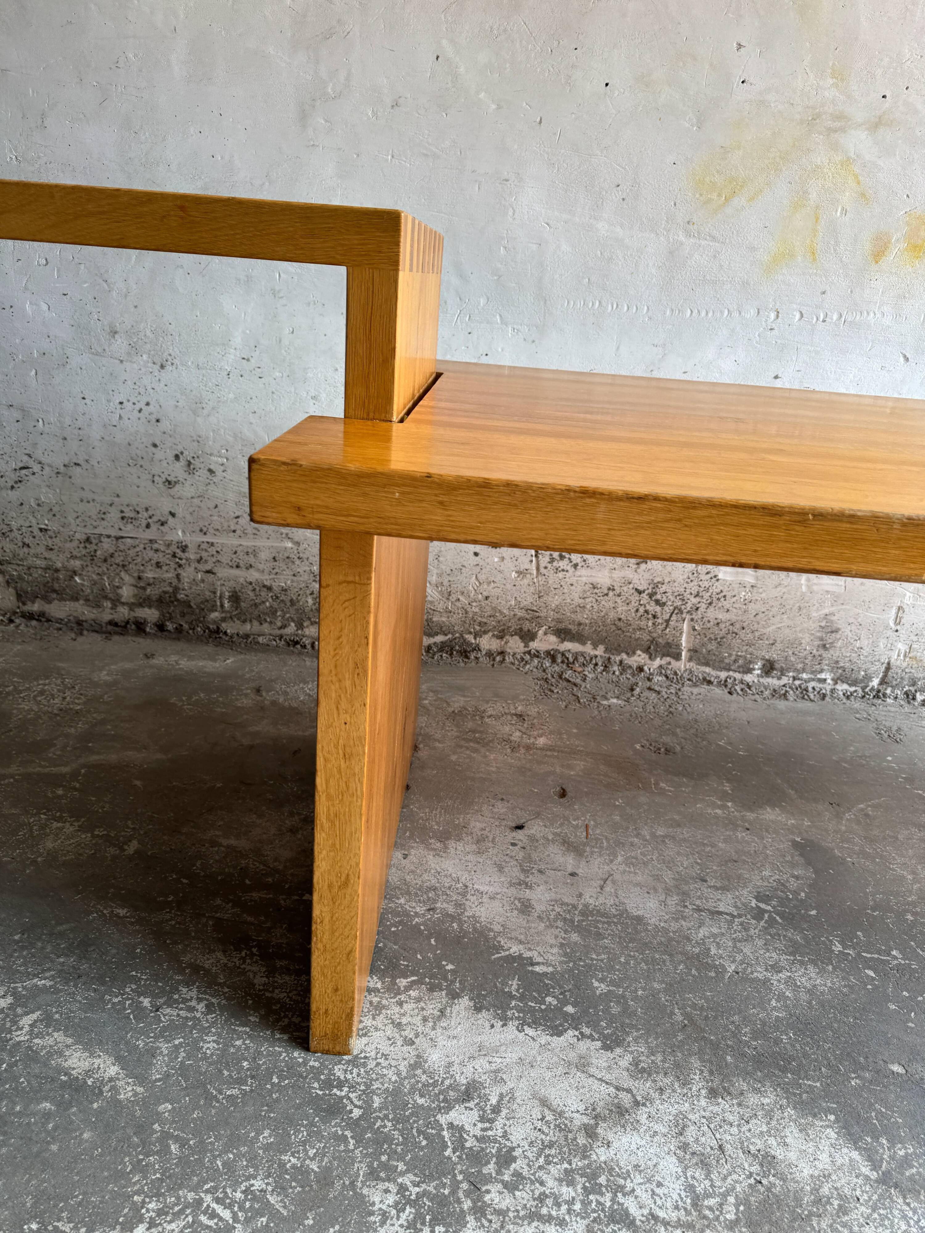 Geometric Brutalist Dining Table — Natural Wood Top with Metal Support, 1980s Architectural Design