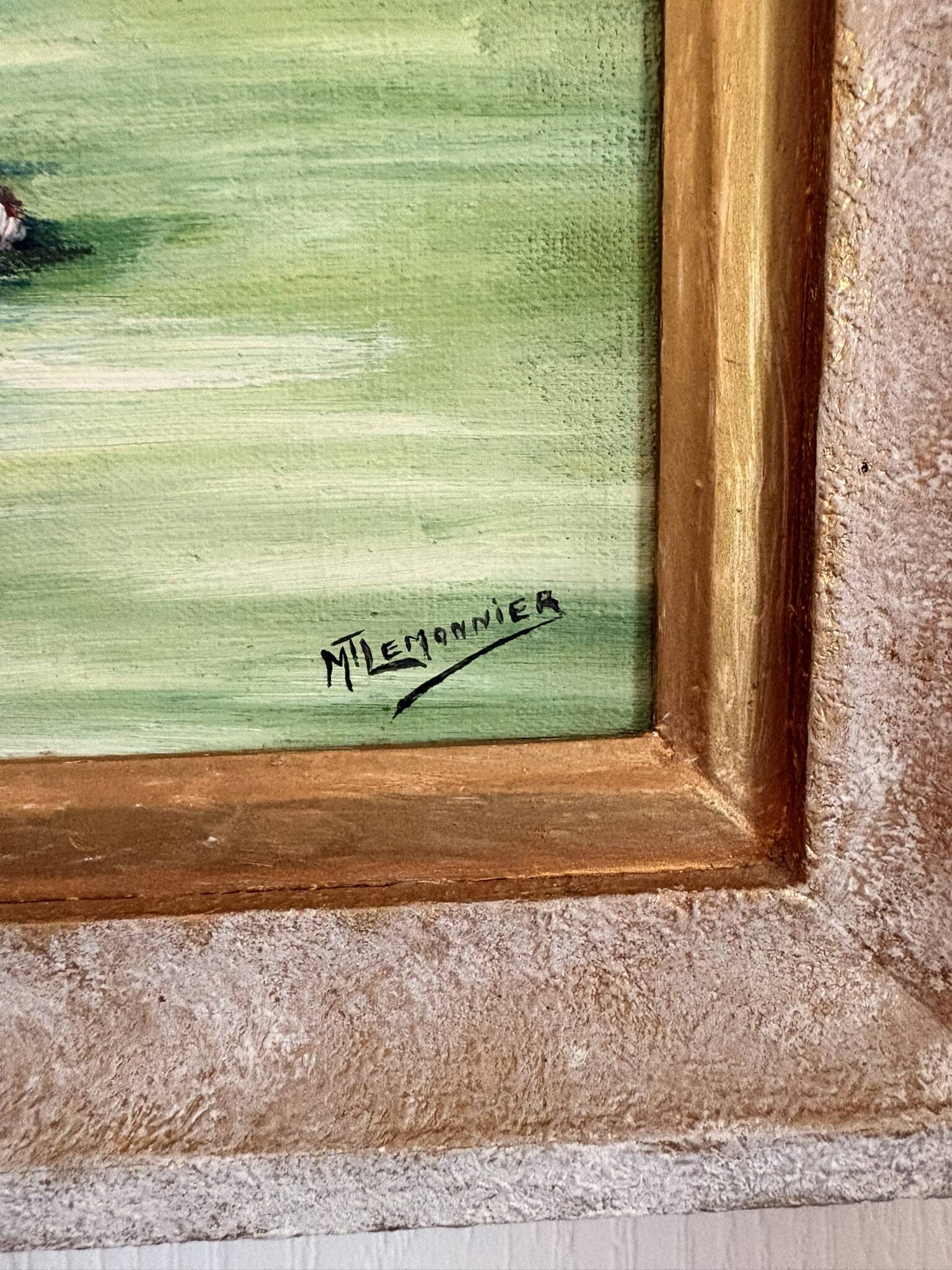 Old Oil Painting Canvas Garden Tree Flowers Rose Countryside Landscape