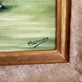 Old Oil Painting Canvas Garden Tree Flowers Rose Countryside Landscape