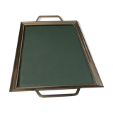 Plateau art deco bronze argenté verre anses rayé