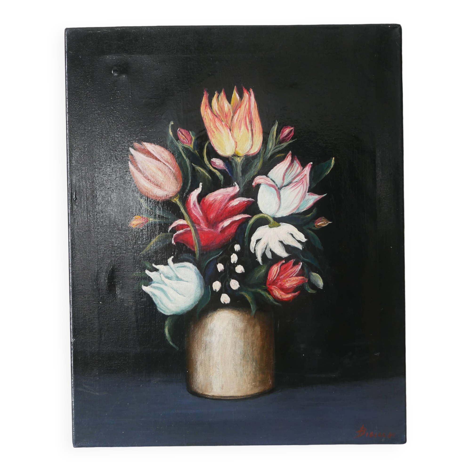 Painting on canvas still life decoration countryside bouquet flowers vintage frame black background