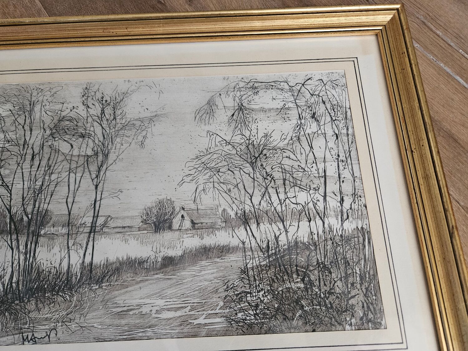 Signed countryside landscape engraving