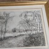 Signed countryside landscape engraving