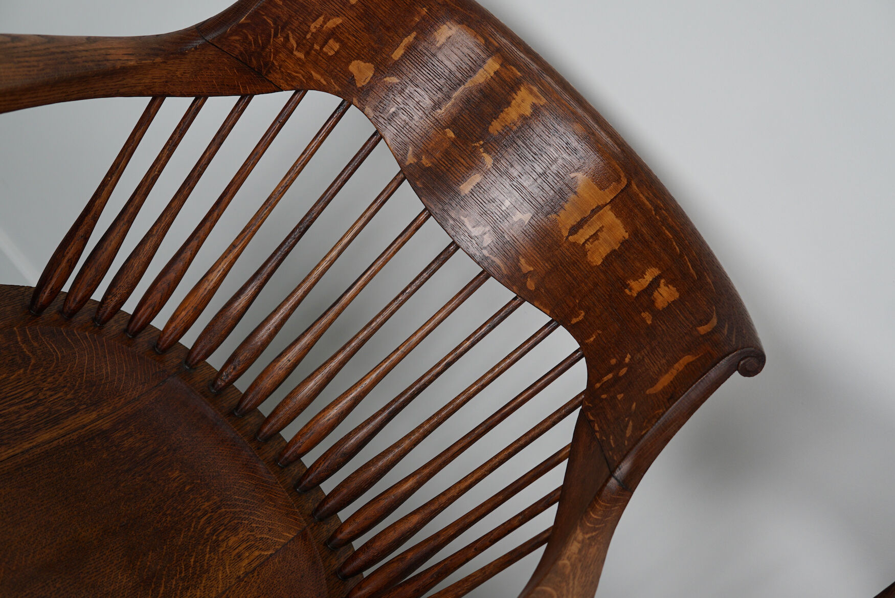 Pair of English Edwardian Oak Spindle Back Captains Office Desk Chairs