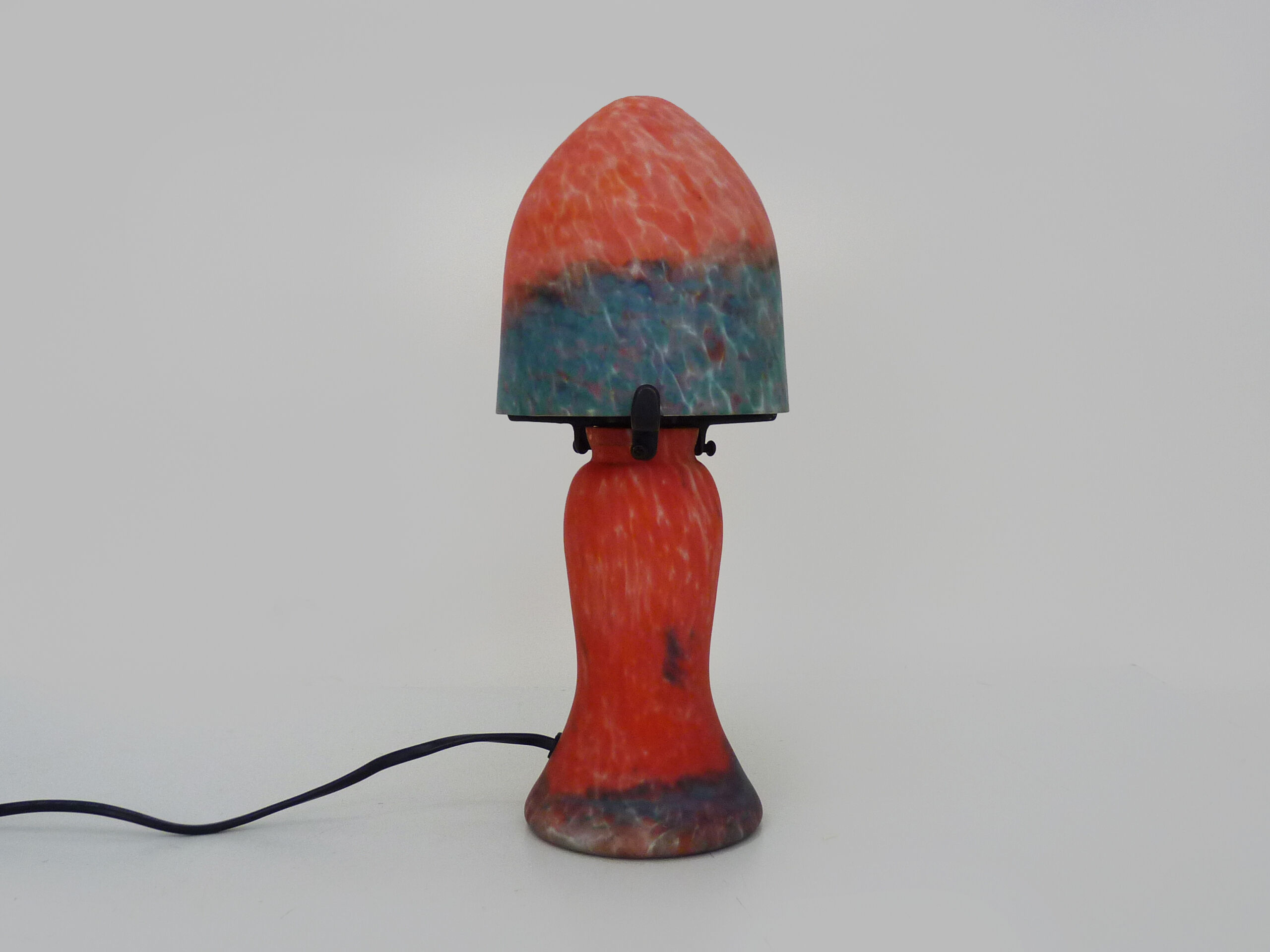 Lampe champignon en pâte de verre marmoréen orange bleu, année 80