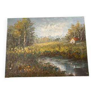 Oil on canvas - Impressionist landscape with a palette knife - House