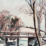 Oil on canvas from the 1950s, snowy landscape.