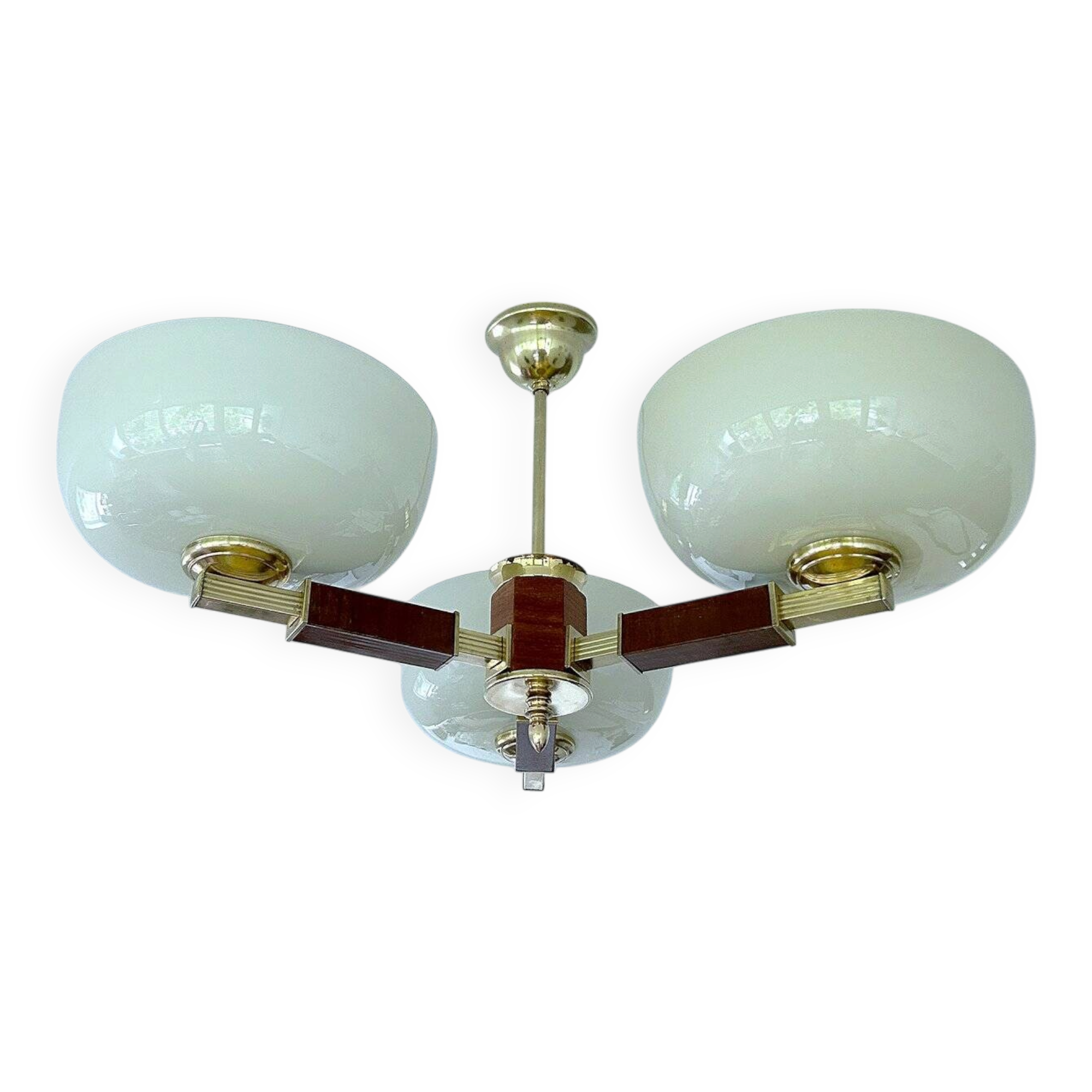 Large Art Deco pendant light in wood and glass, 1930s