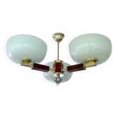 Large Art Deco pendant light in wood and glass, 1930s
