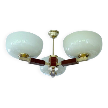 Grand plafonnier Art Déco en bois et en verre, années 1930