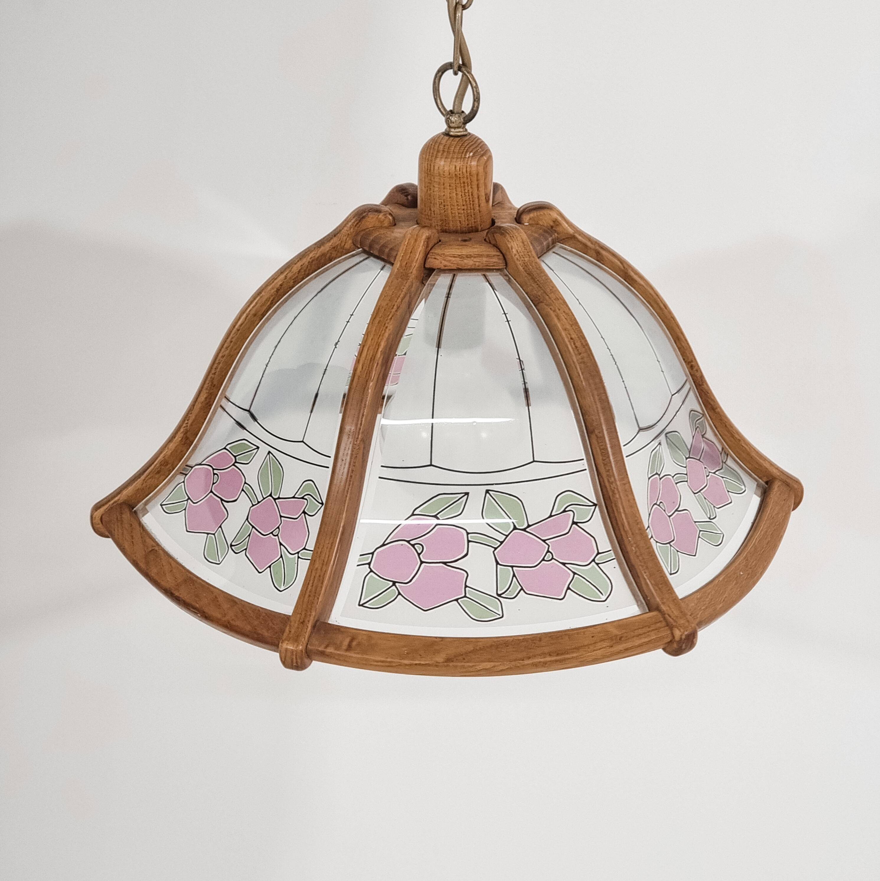Art Nouveau style chandelier in wood and glass from the 1970s