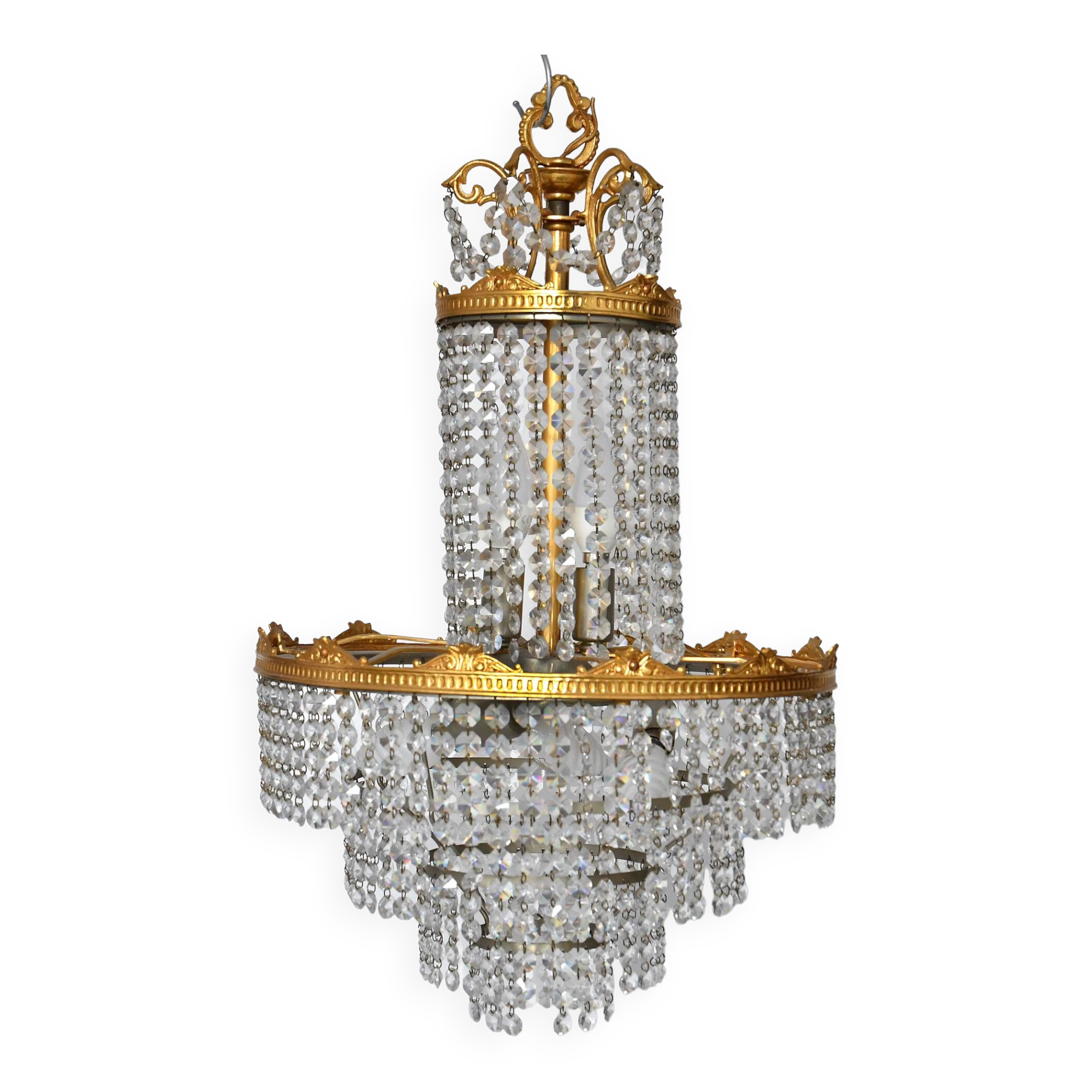 3-light chandelier in gold metal and glass pendants