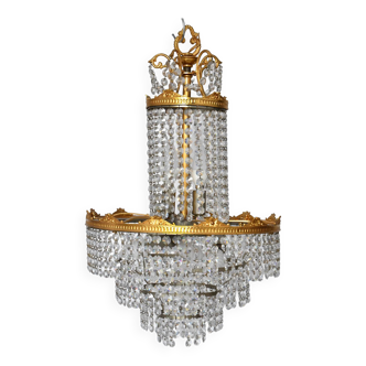 Lustre à 3 lumières en métal doré et pampilles en verre