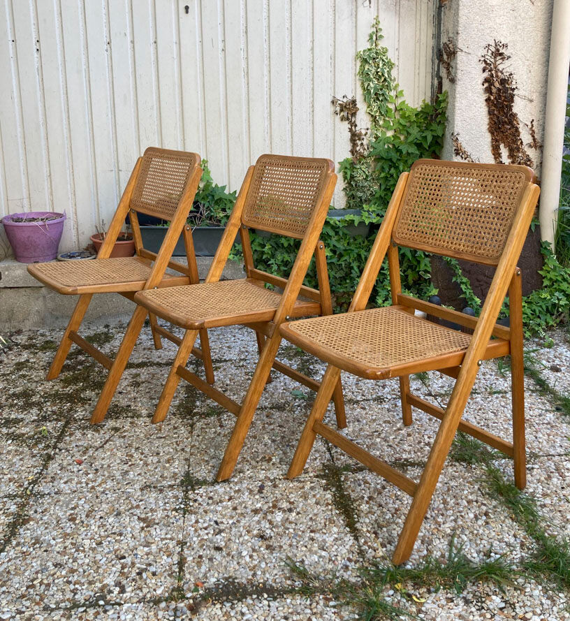 Lot de 3 chaises pliantes en bois et cannage