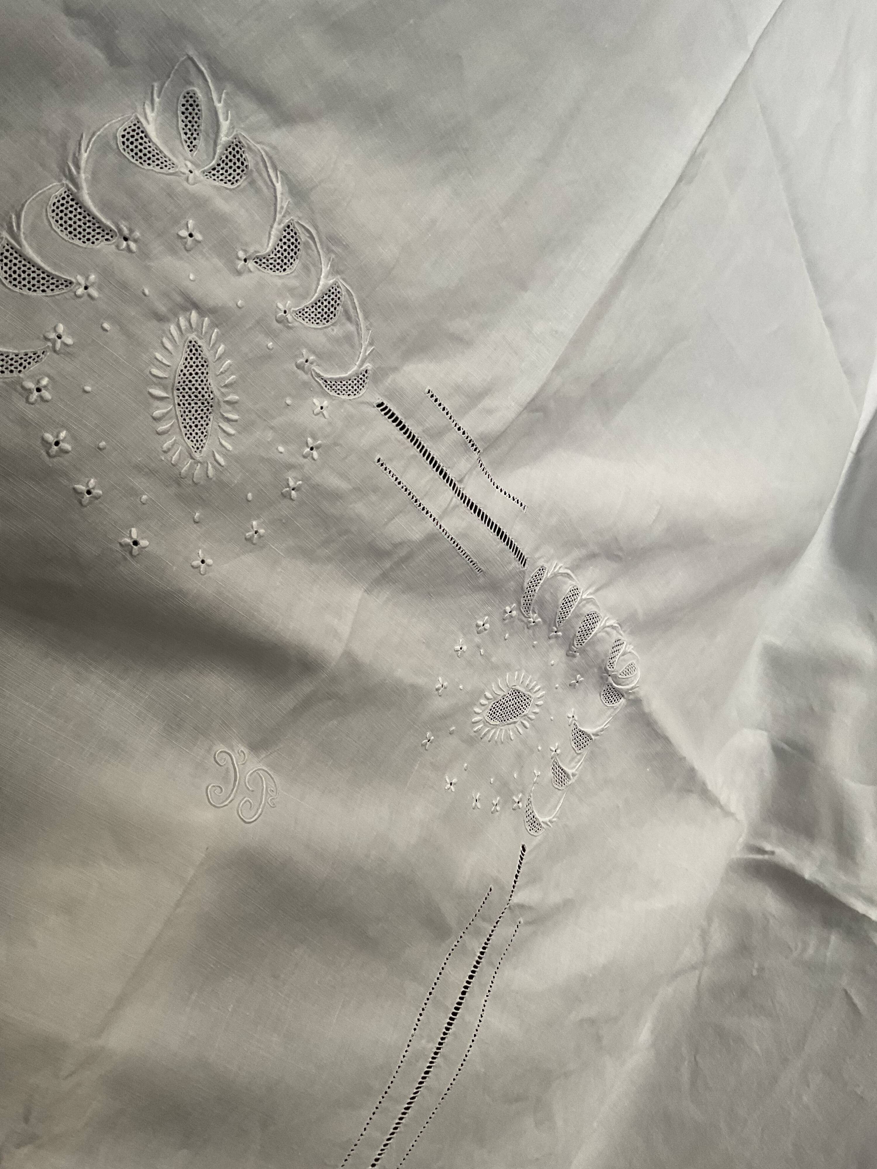 Linen tablecloth .embroidered .monogram T P . 296 cm x 170 cm