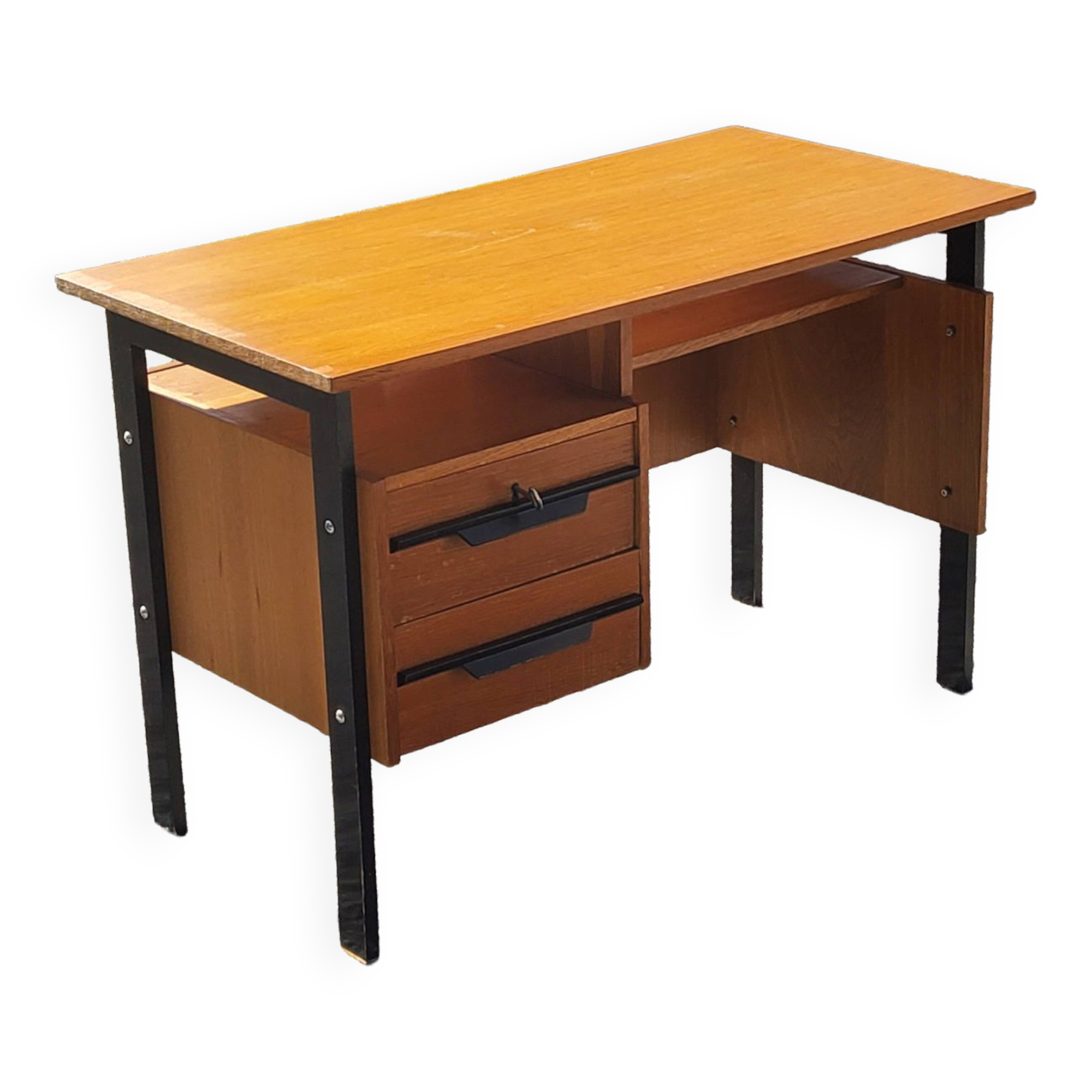 Bureau vintage en chêne blond piètement en bois noirci des années 50