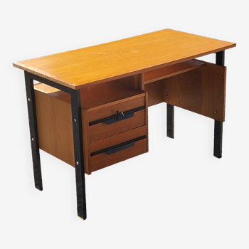 Vintage blond oak desk with blackened wooden base from the 1950s