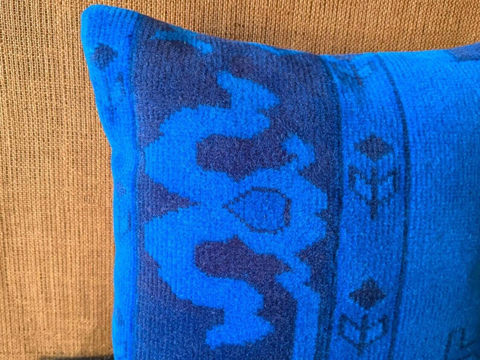 Electric Blue Vintage Turkish Rug Pillow, Hand-Stitched Wool Cushion