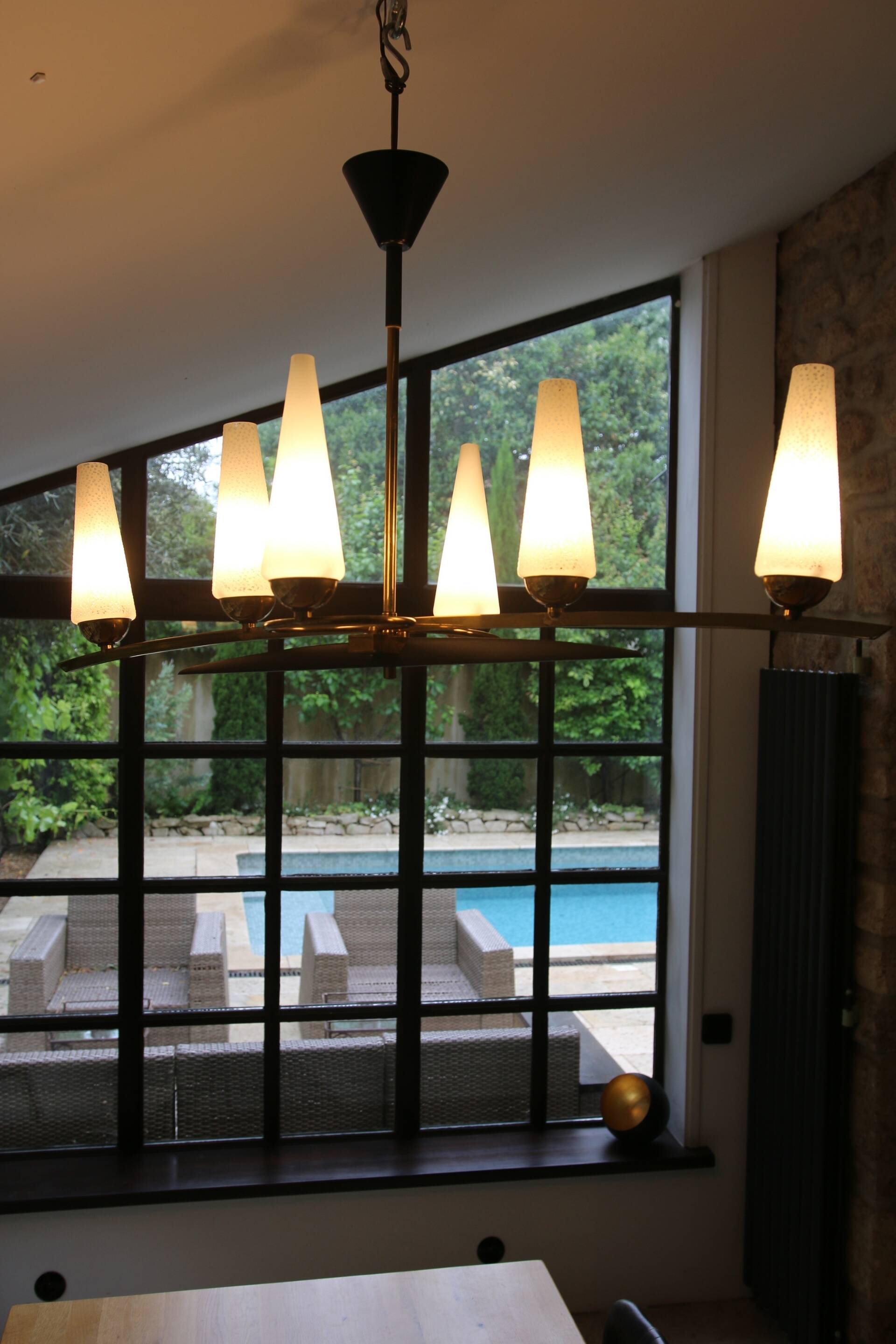Mid-Century 6-Light Chandelier - Opaline and Brass