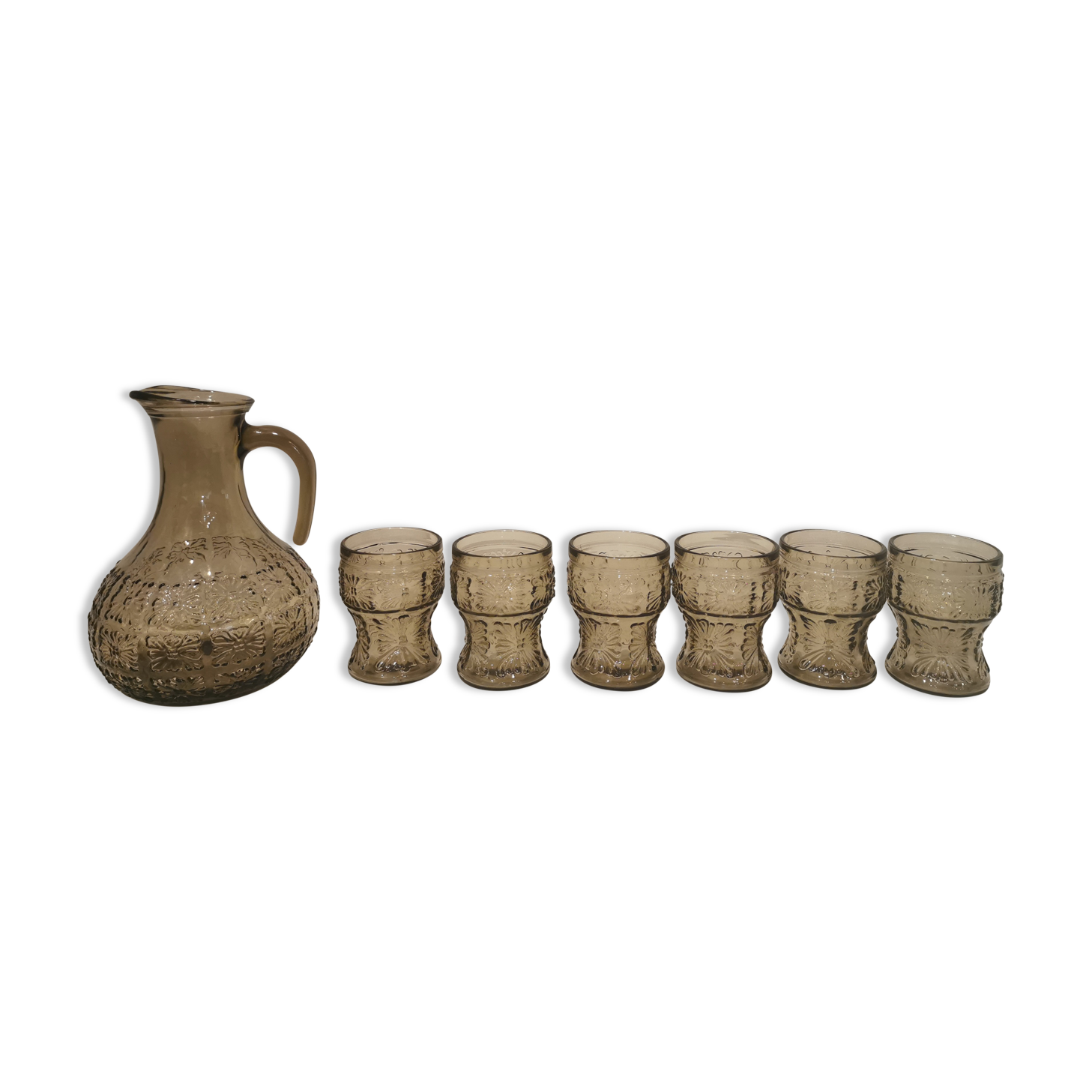 Glass set and decanter made of smoked glass from Italy