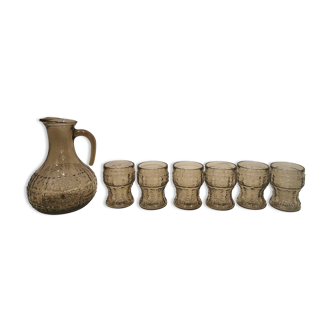 Glass set and decanter made of smoked glass from Italy