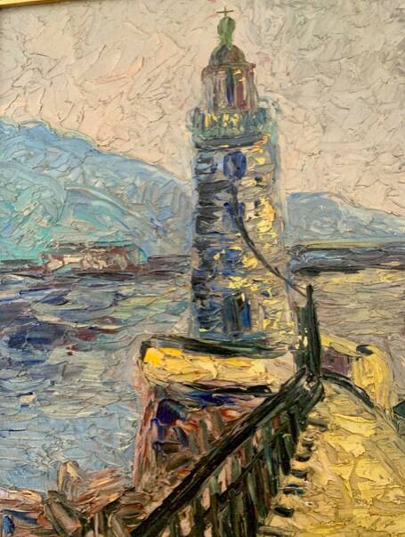 Large OIL ON WOOD representing the view of a "Lighthouse on the pier"