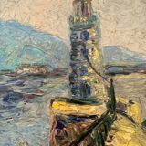 Large OIL ON WOOD representing the view of a "Lighthouse on the pier"