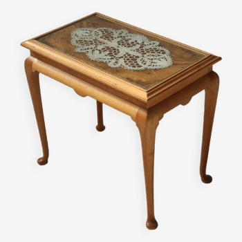 Elegant French side table in beech wood with lace inlay and glass top, 1950s