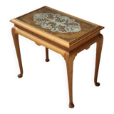 Elegant French side table in beech wood with lace inlay and glass top, 1950s
