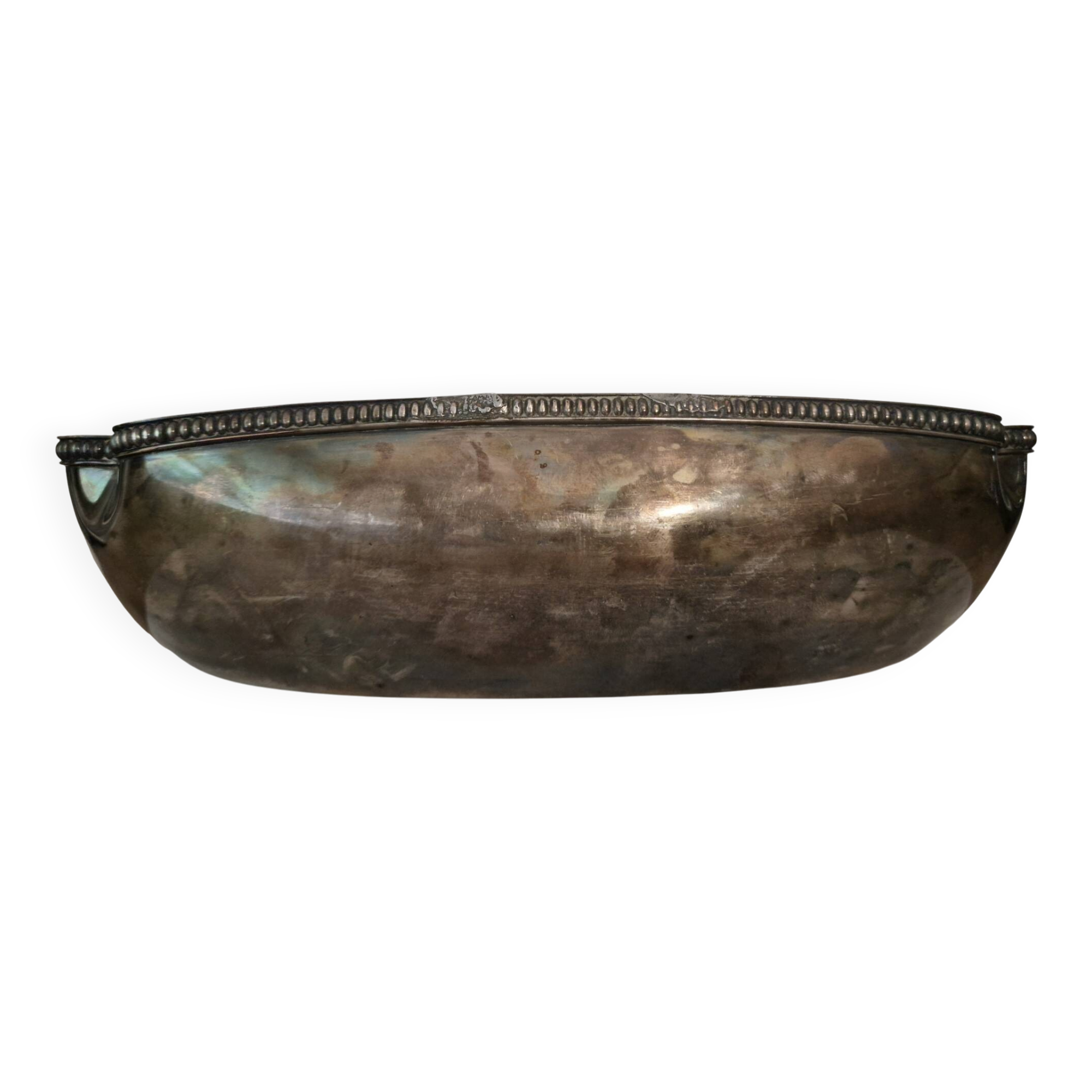 I037 Large shallow antique silver-plated dish in the Louis XVI style with bead decoration.