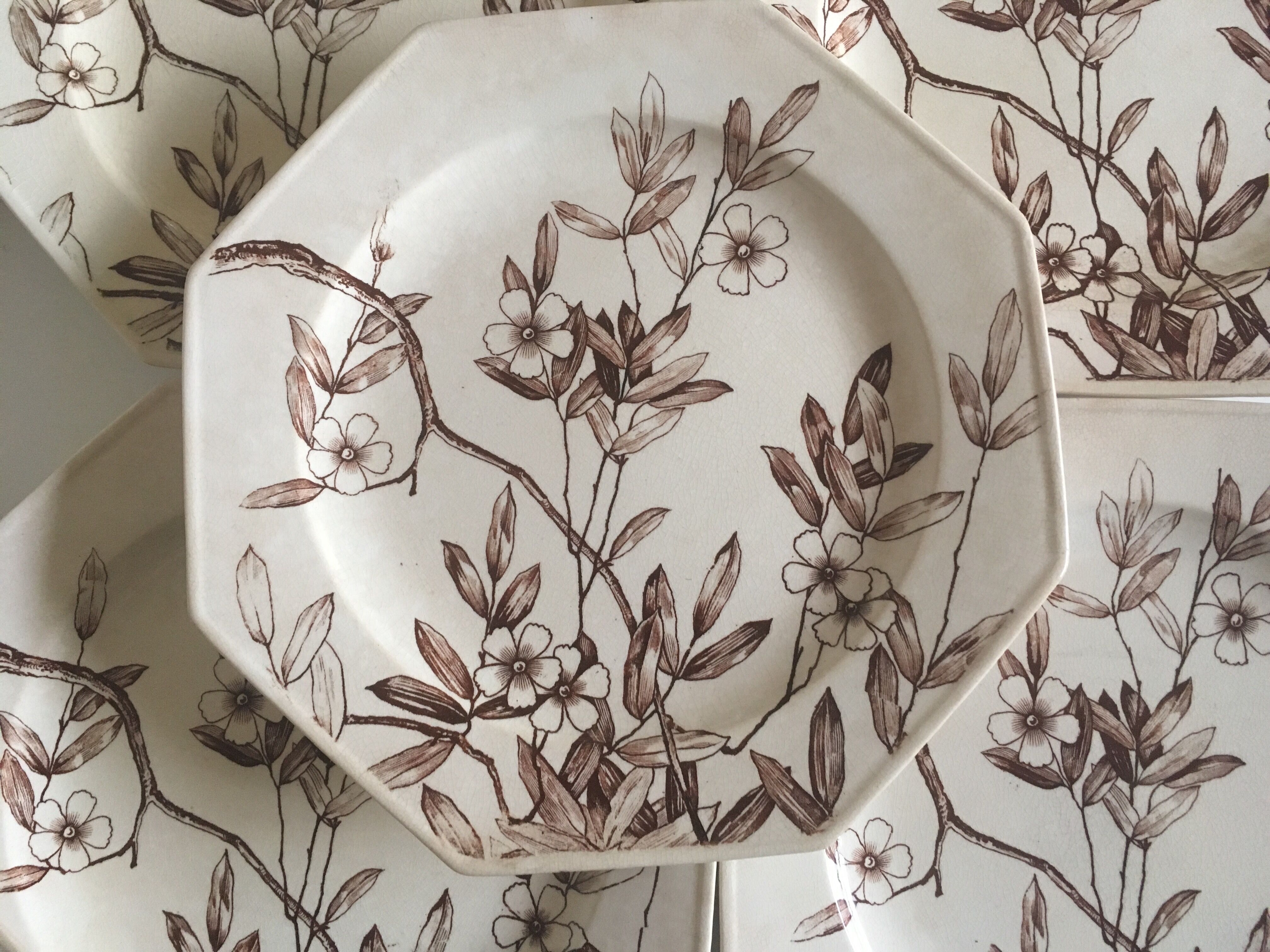 Set of 11 octagonal plates with English faience flowers 1870