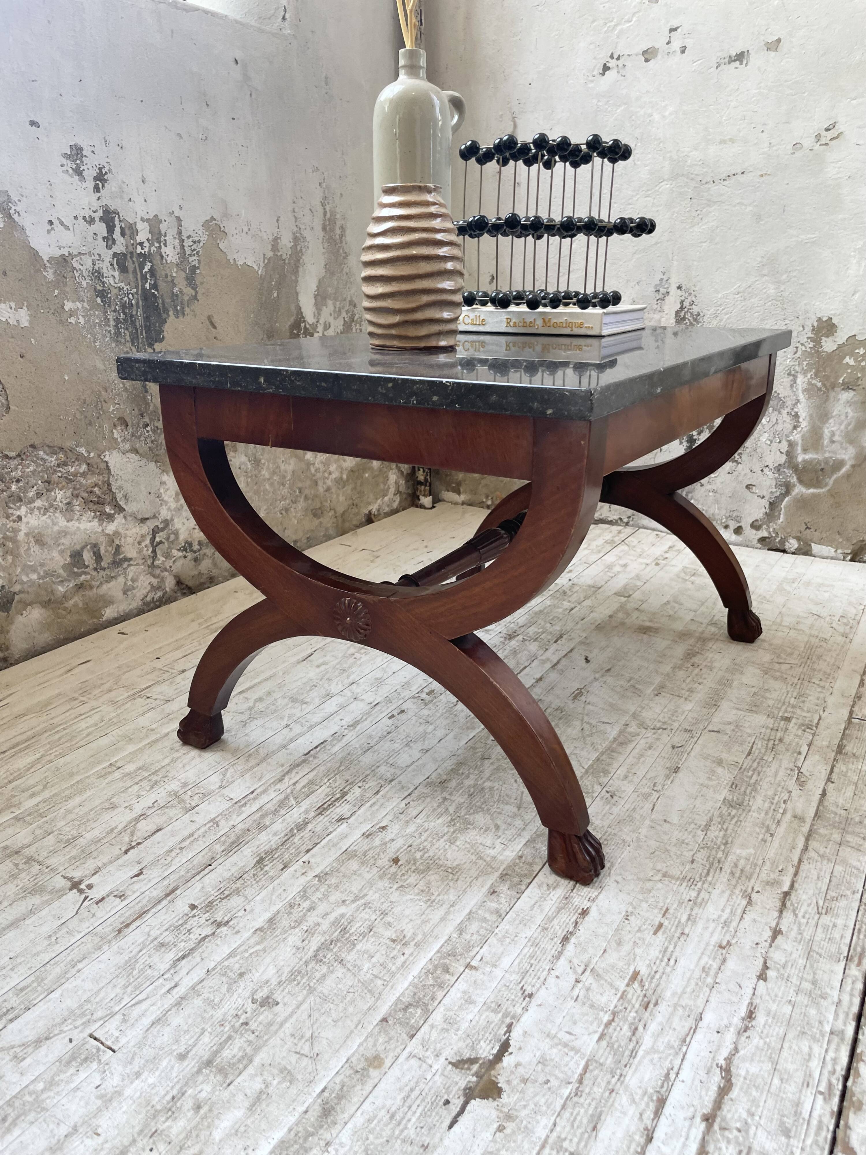 Empire style marble and mahogany coffee table
