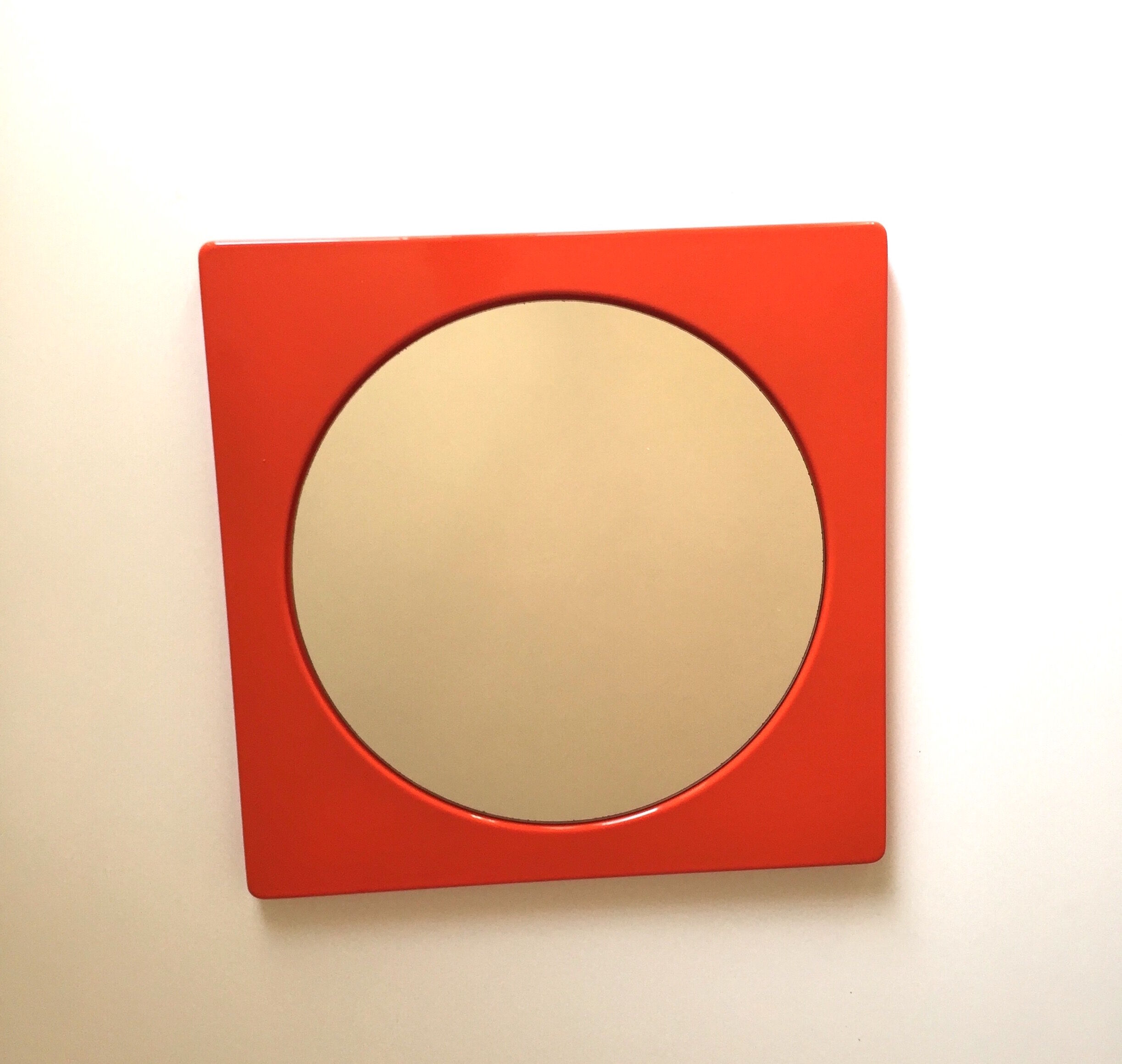 Vintage round mirror, enamelled metal square frame, 1970